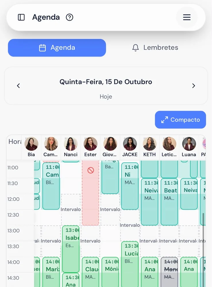 Tela da agenda do Hellas Pro com as profissionais e os horários do dia