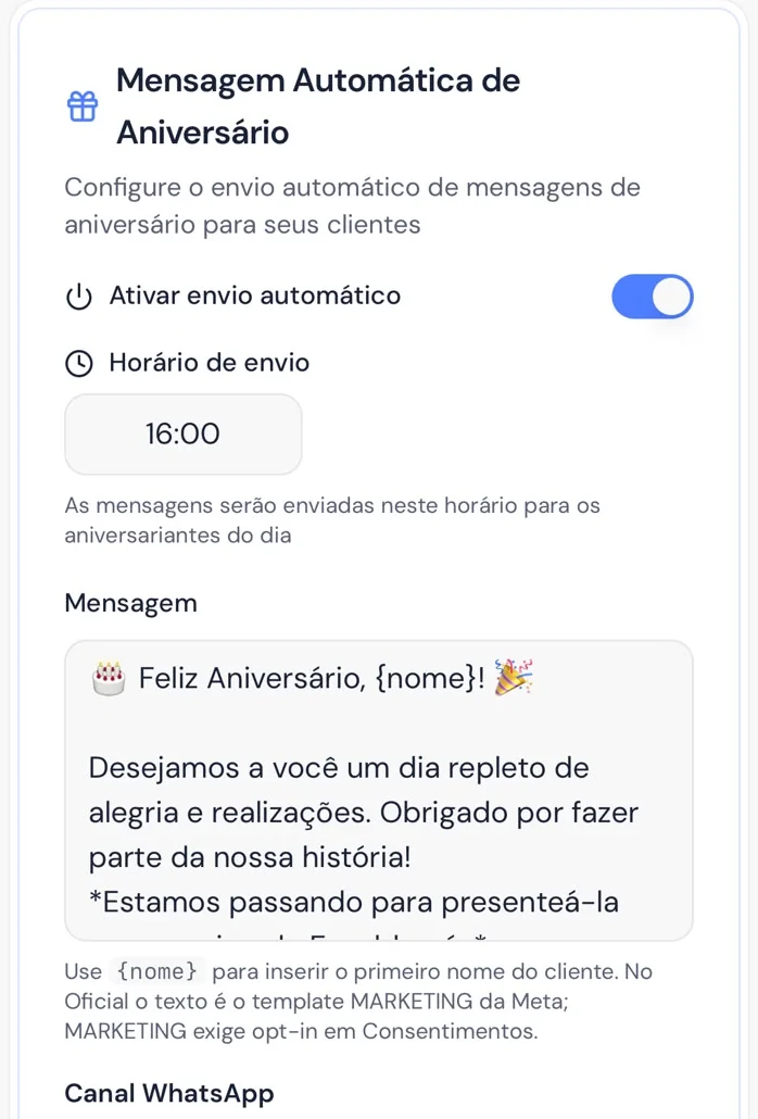 Configuração da mensagem automática de aniversário pelo WhatsApp