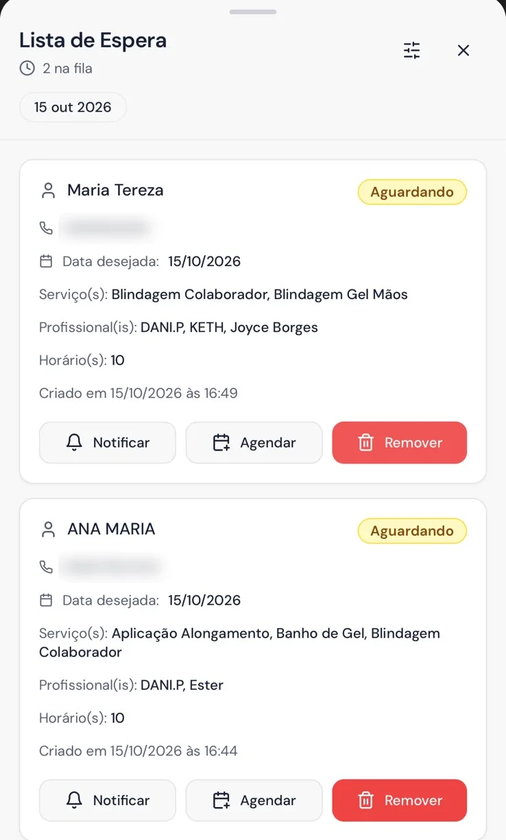 Lista de espera com as clientes aguardando horário